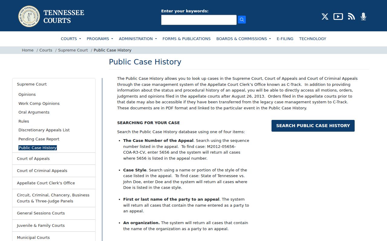 Tennessee Public Case History page describing state appellate case search coverage