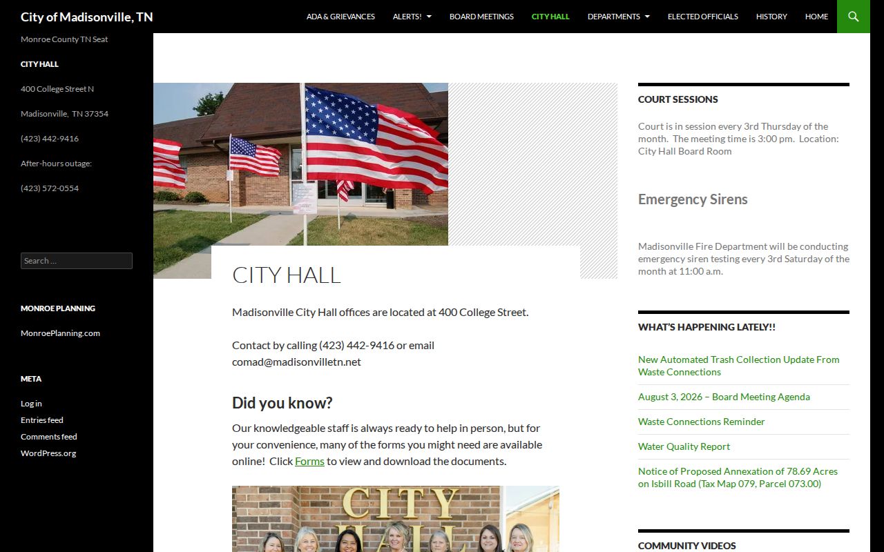 Madisonville City Hall page showing address, phone, email, and office hours