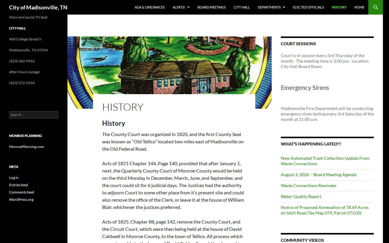 Madisonville history page describing the county seat and historic Monroe County courthouse