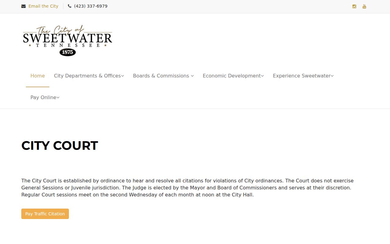 Sweetwater City Court page showing monthly schedule, judge, jurisdiction, and location
