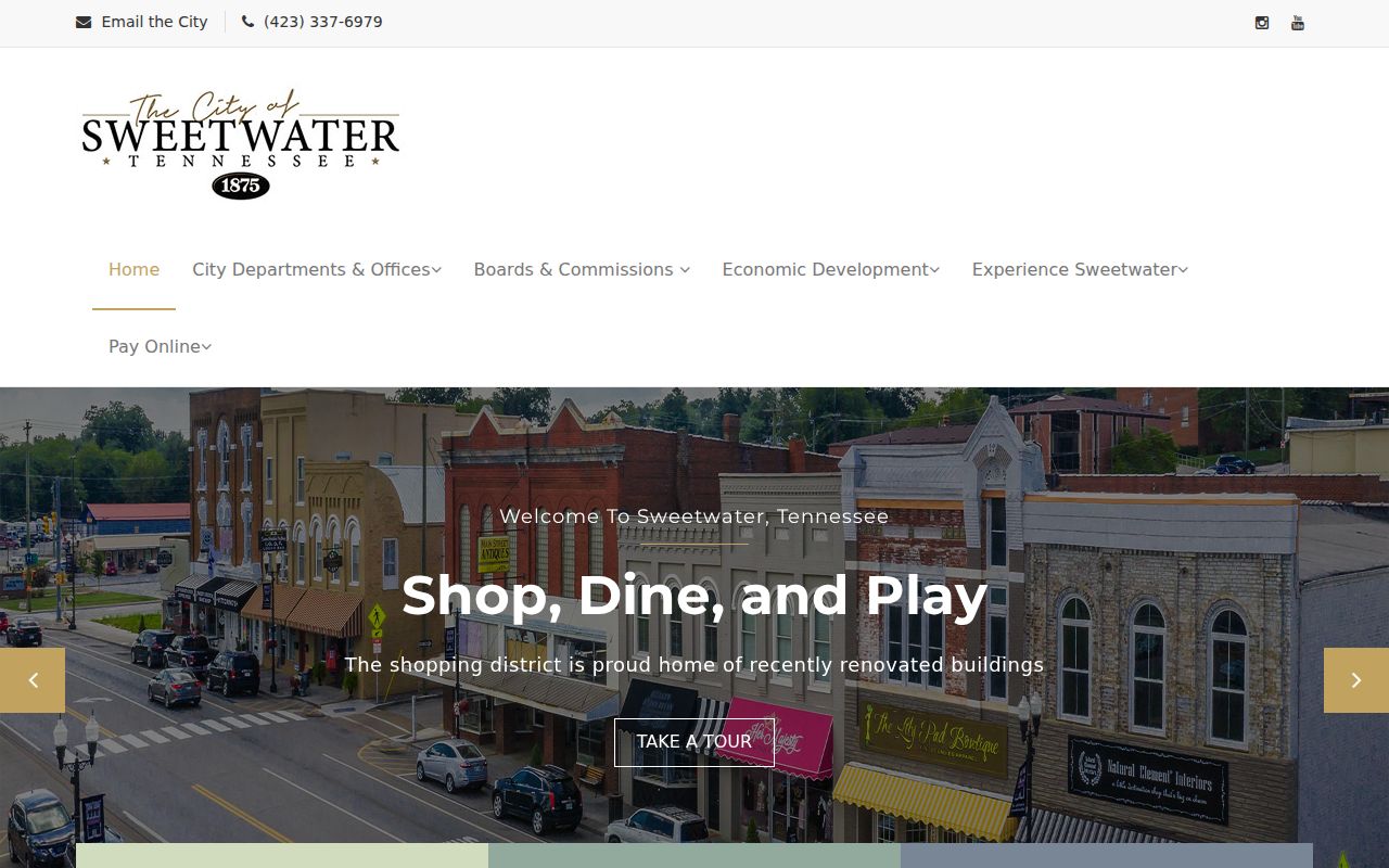 Sweetwater city homepage with City Hall contact and Pay Traffic Citation link