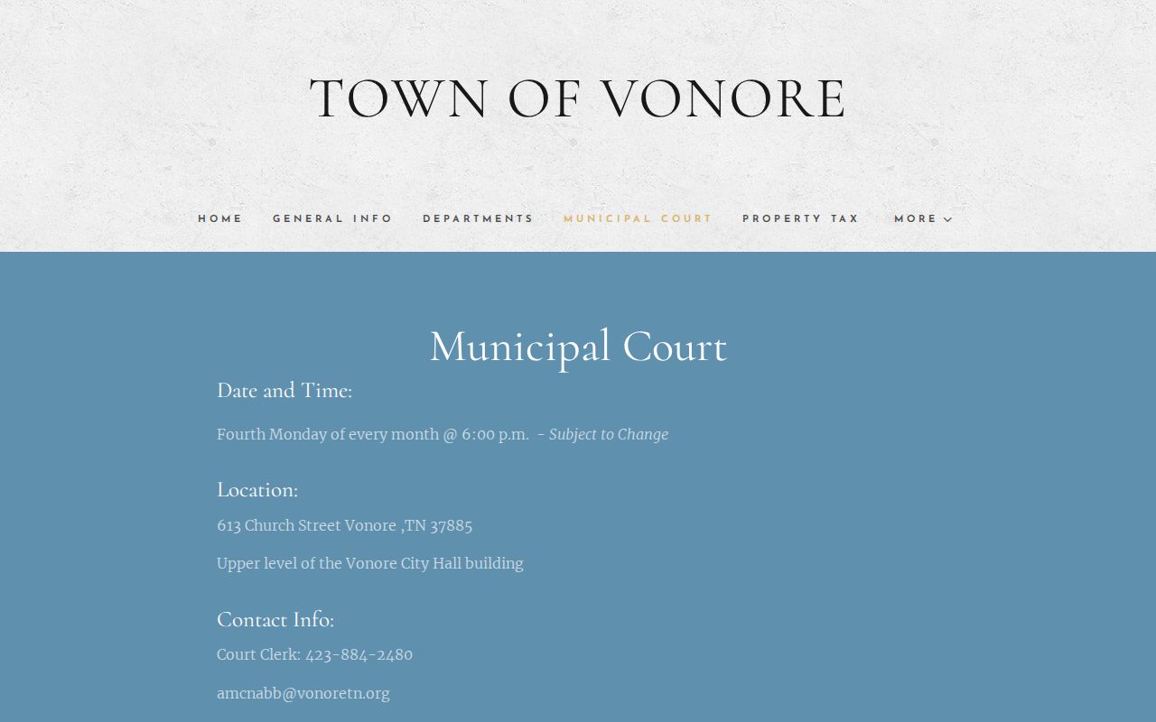 Official Vonore Municipal Court schedule, clerk, payment, and courtroom information