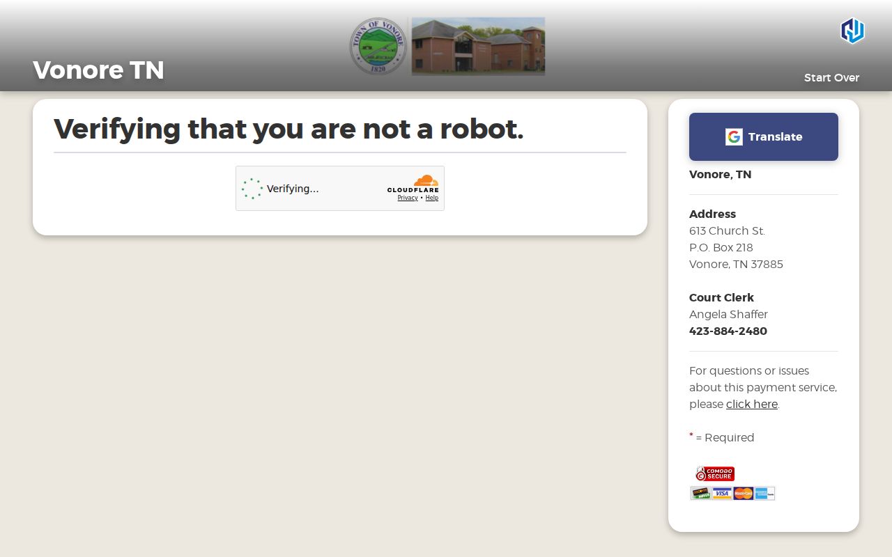 Vonore GovernmentWindow online payment page with CAPTCHA gate